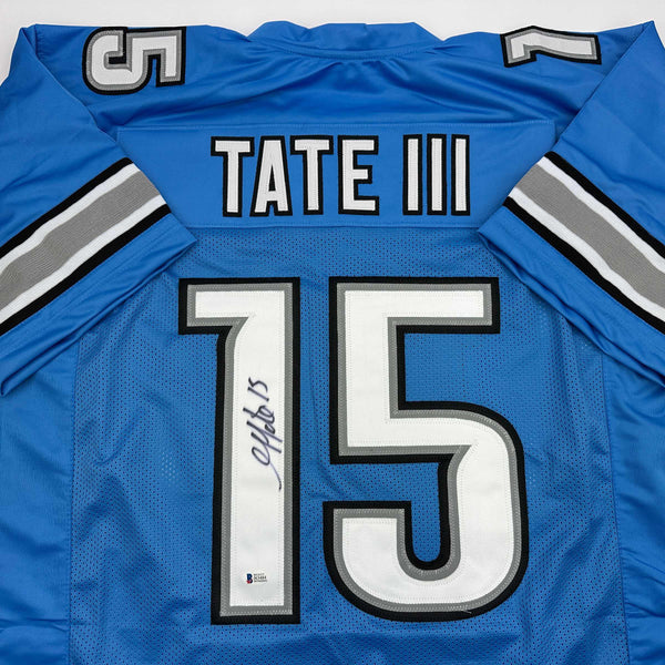 Autographed/Signed Golden Tate Detroit Blue Football Jersey Beckett BAS COA
