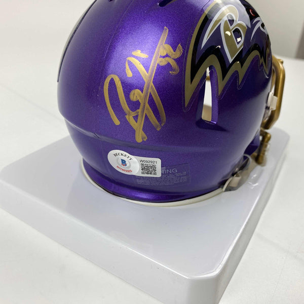 Autographed/Signed Ray Lewis Baltimore Ravens Flash Football Mini Helmet Beckett BAS COA