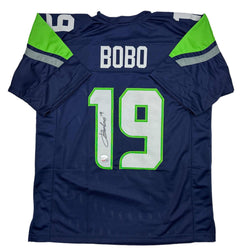 Autographed/Signed Jake Bobo Seattle Blue Football Jersey JSA COA