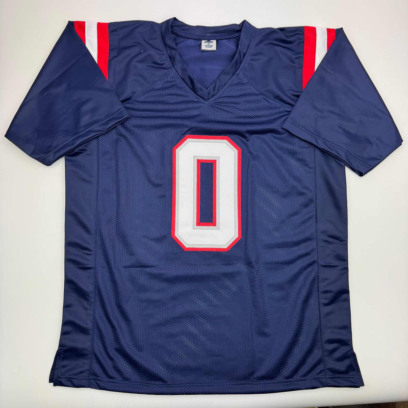Autographed/Signed Christian Gonzalez New England Blue Football Jersey Beckett BAS COA