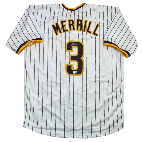 Autographed/Signed Jackson Merrill San Diego Pinstripe Baseball Jersey Beckett BAS COA