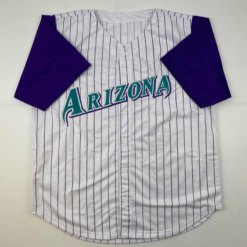 Autographed/Signed Luis Gonzalez Arizona Pinstripe Baseball Jersey JSA COA