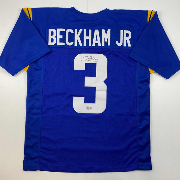 Autographed/Signed Odell Beckham Jr. OBJ Los Angeles LA Blue Football Jersey Beckett BAS COA