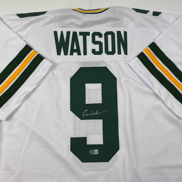 Autographed/Signed Christian Watson Green Bay White Football Jersey Beckett BAS COA