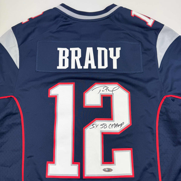 Autographed/Signed Tom Brady "5x SB Champ" New England Patriots Blue Authentic Nike Football Jersey Tristar COA