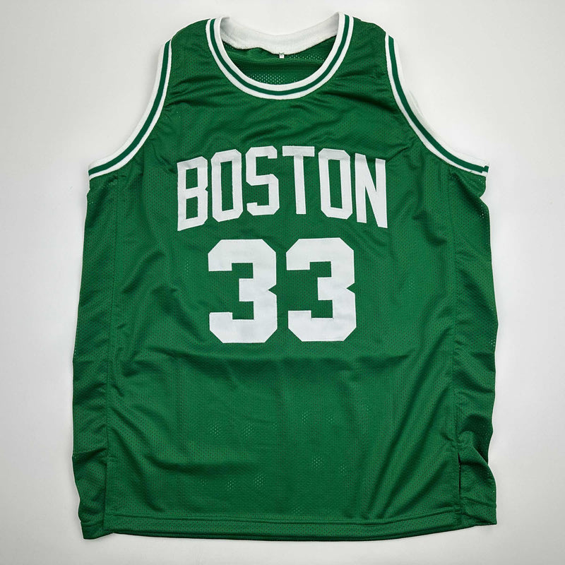 Autographed/Signed Larry Bird Boston Green Basketball Jersey Beckett BAS COA