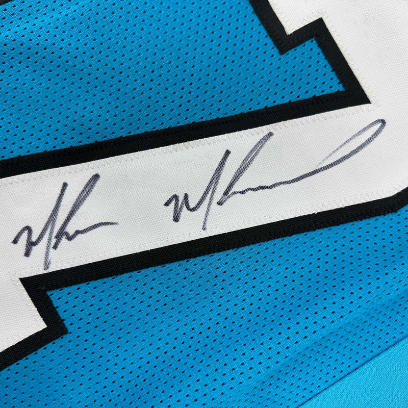 Autographed/Signed Muhsin Muhammad Carolina Blue Football Jersey Beckett BAS COA
