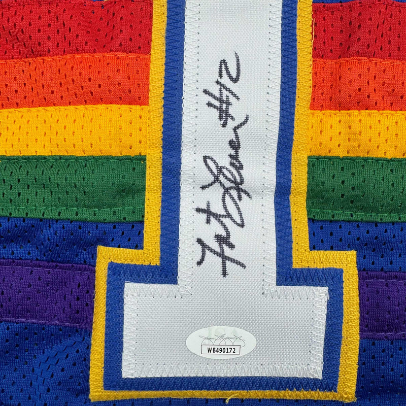 Autographed/Signed Fat Lever Denver Blue Retro Rainbow Basketball Jersey JSA COA