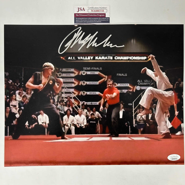 Autographed/Signed Ralph Macchio The Karate Kid Crane Kick 11x14 Photo JSA COA