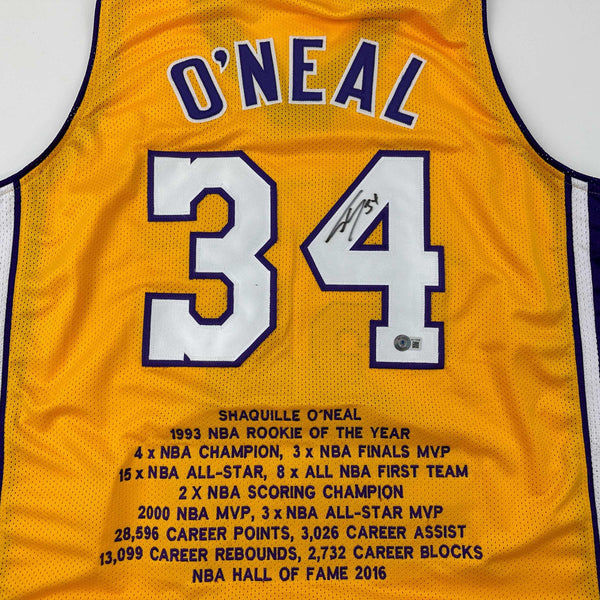 Autographed/Signed Shaquille Shaq O'Neal Los Angeles LA Yellow Stat Basketball Jersey Beckett BAS COA
