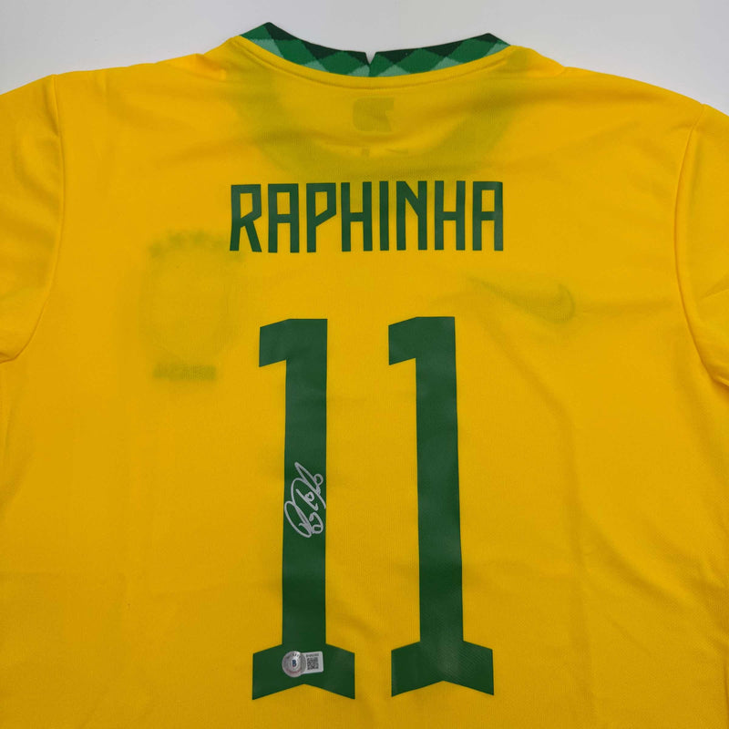 Autographed/Signed Raphinha Raphael Belloli Brazil Yellow Soccer Jersey Beckett BAS COA