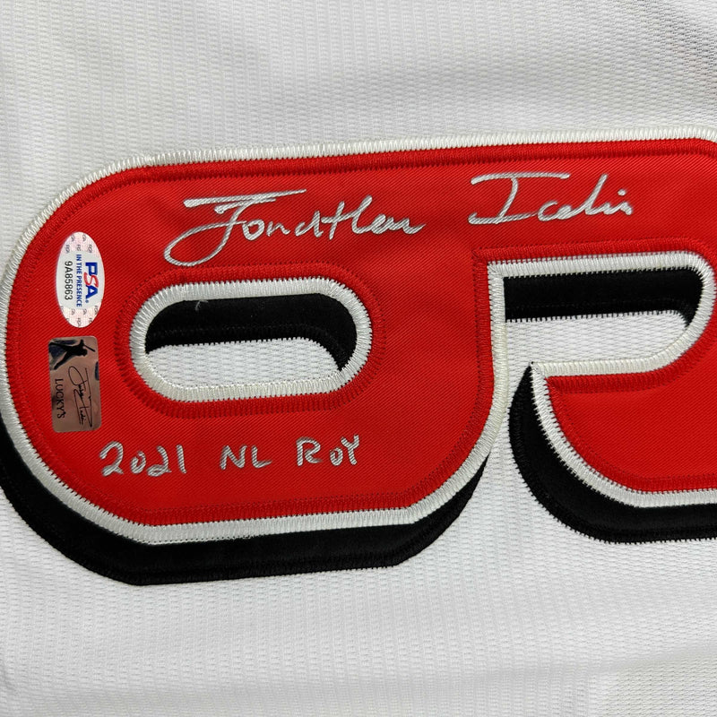 Autographed/Signed Jonathan India 2021 NL ROY Cincinnati White Baseball Jersey JSA COA
