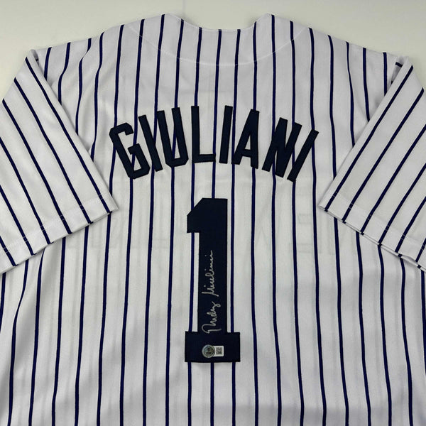 Autographed/Signed Rudy Giuliani New York Pinstripe Baseball Jersey Beckett BAS COA