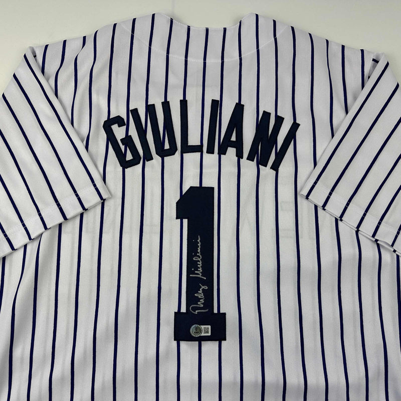 Autographed/Signed Rudy Giuliani New York Pinstripe Baseball Jersey Beckett BAS COA
