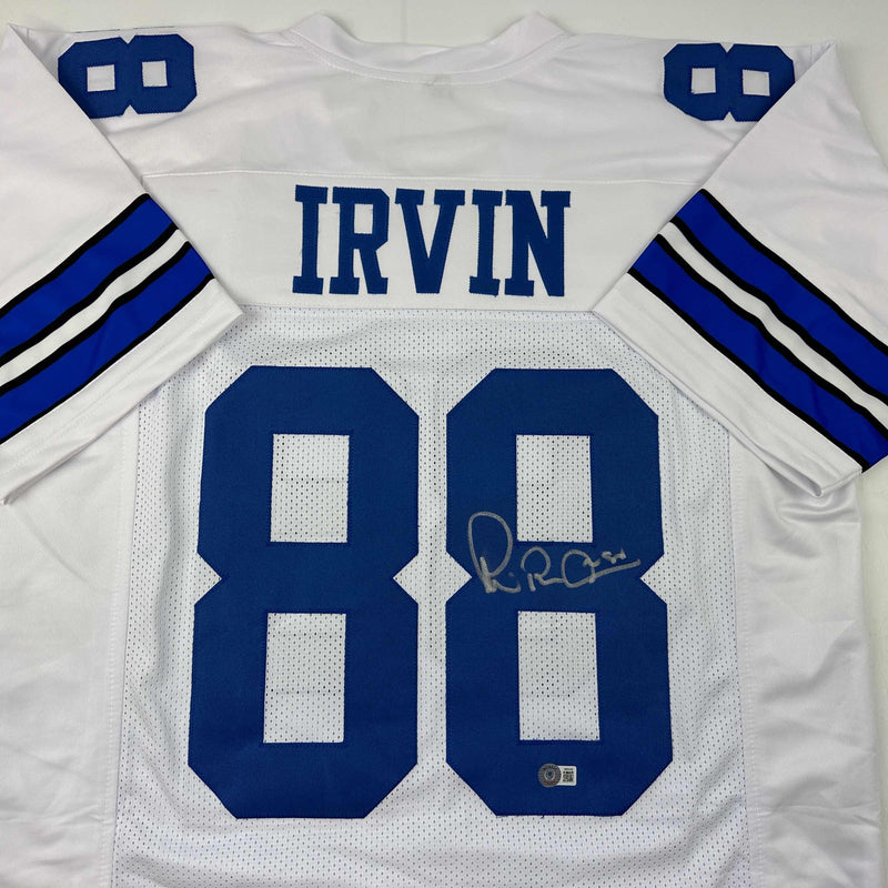 Autographed/Signed Michael Irvin Dallas White Football Jersey Beckett BAS COA