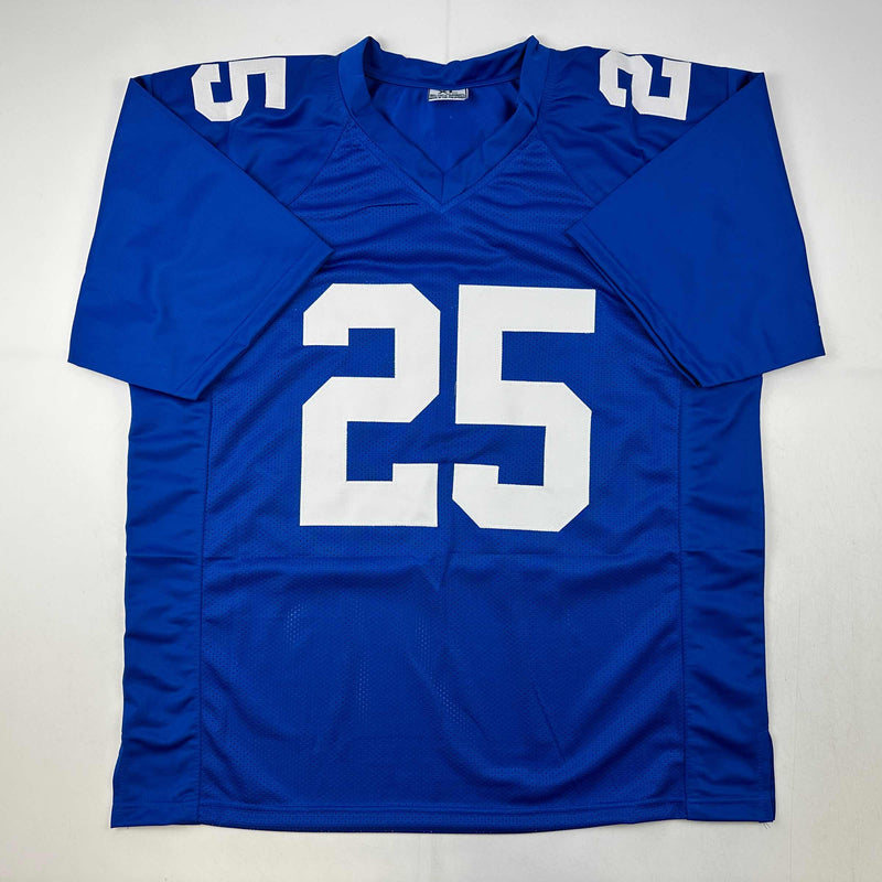 Autographed/Signed Deonte Banks New York Blue Football Jersey Beckett BAS COA