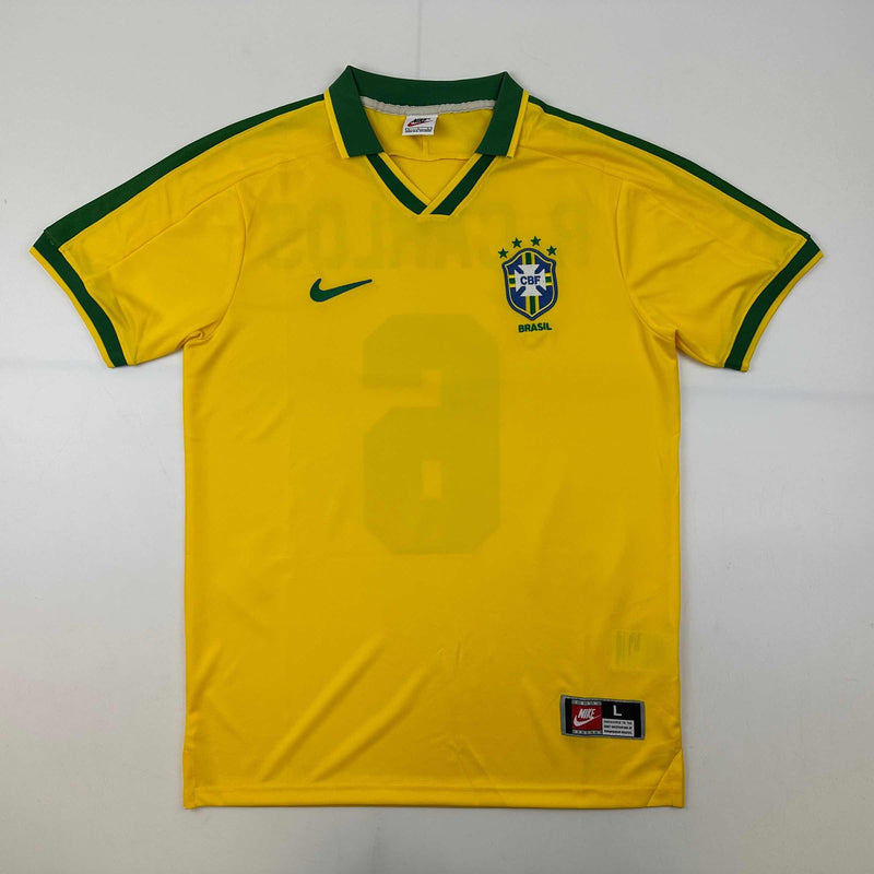 Autographed/Signed Roberto Carlos Brazil Yellow Retro Soccer Jersey Beckett BAS COA