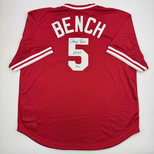 Autographed/Signed Johnny Bench HOF 89 Cincinnati Red Baseball Jersey Beckett BAS COA