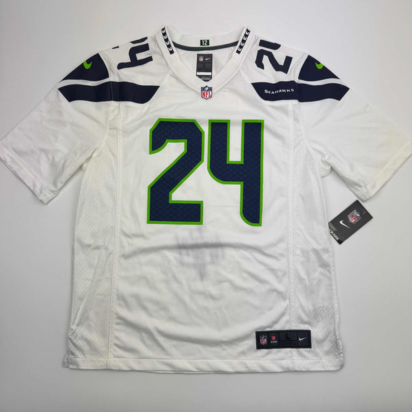 Autographed/Signed Marshawn Lynch Seattle Seahawks White Football Jersey Fanatics COA