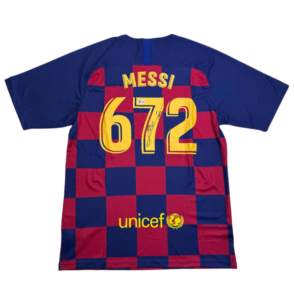 Autographed/Signed Lionel Leo Messi FC Barcelona 672 Goals Soccer Jersey Beckett BAS COA