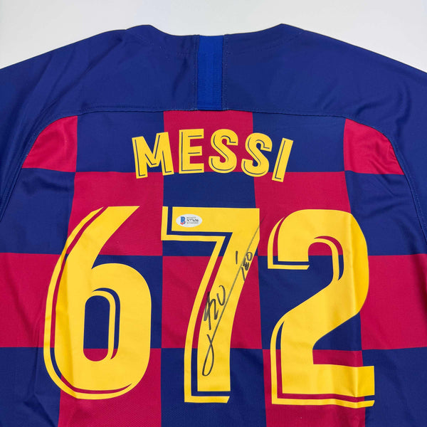 Autographed/Signed Lionel Leo Messi FC Barcelona 672 Goals Soccer Jersey Beckett BAS COA