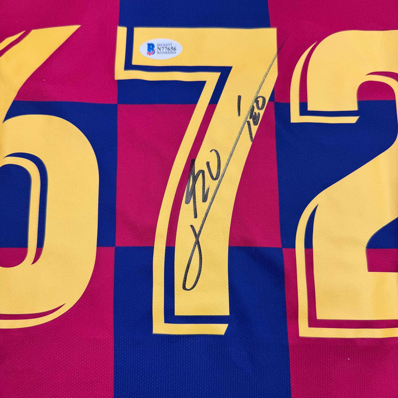 Autographed/Signed Lionel Leo Messi FC Barcelona 672 Goals Soccer Jersey Beckett BAS COA