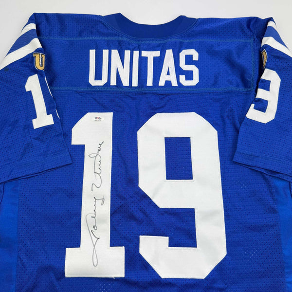 Autographed/Signed Johnny Unitas Indianapolis Blue Football Jersey PSA COA