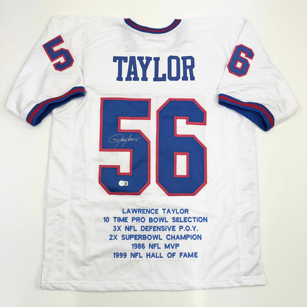 Autographed/Signed Lawrence Taylor New York White Stat Football Jersey Beckett BAS COA
