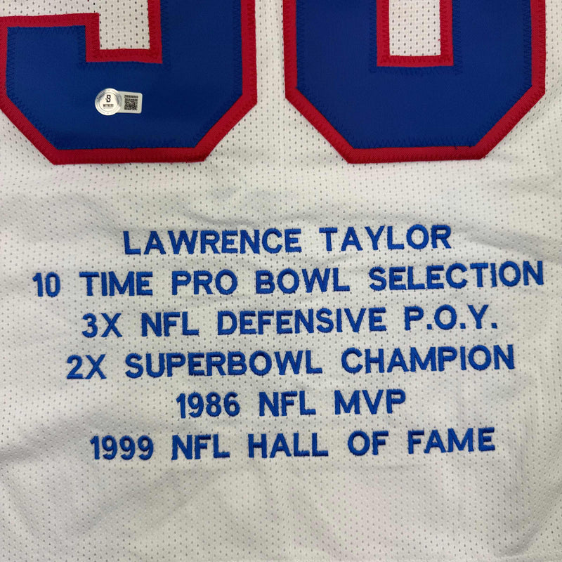 Autographed/Signed Lawrence Taylor New York White Stat Football Jersey Beckett BAS COA