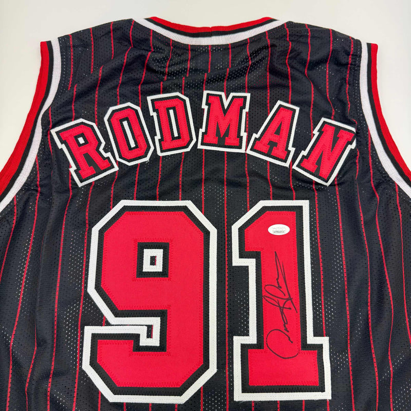 Autographed/Signed Dennis Rodman Chicago Pinstripe Basketball Jersey Beckett BAS COA