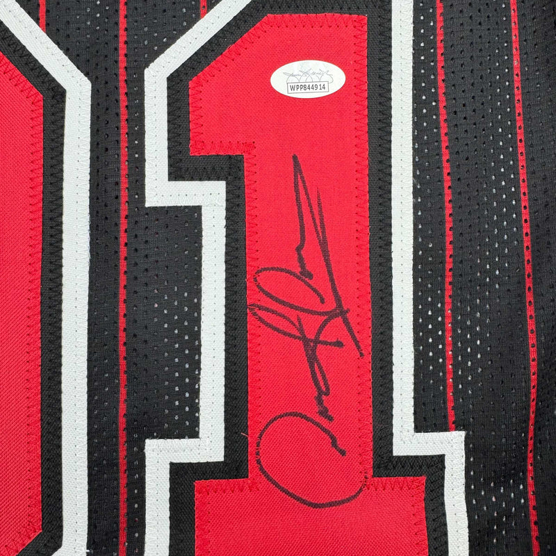 Autographed/Signed Dennis Rodman Chicago Pinstripe Basketball Jersey Beckett BAS COA