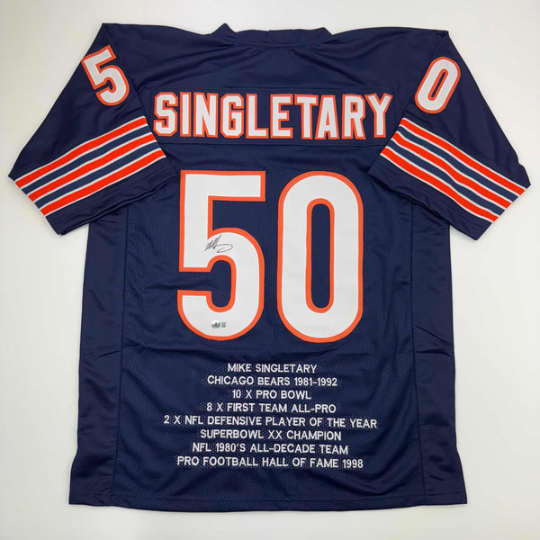Autographed/Signed Mike Singletary Chicago Blue Stat Football Jersey Beckett BAS COA