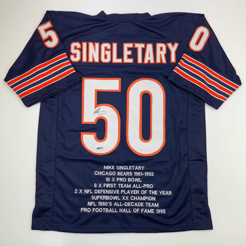 Autographed/Signed Mike Singletary Chicago Blue Stat Football Jersey Beckett BAS COA