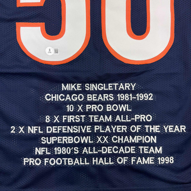 Autographed/Signed Mike Singletary Chicago Blue Stat Football Jersey Beckett BAS COA