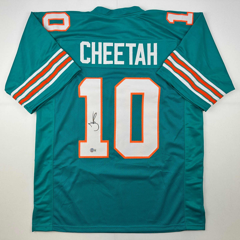Autographed/Signed Tyreek Hill Cheetah Miami Retro Teal Football Jersey Beckett BAS COA
