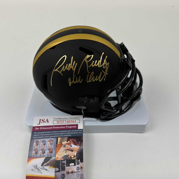 Autographed/Signed Rudy Ruettiger Never Quit Notre Dame Irish Black Eclipse Football Mini Helmet JSA COA