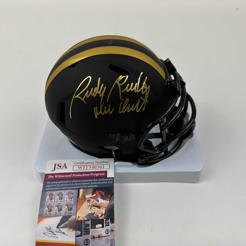 Autographed/Signed Rudy Ruettiger Never Quit Notre Dame Irish Black Eclipse Football Mini Helmet JSA COA