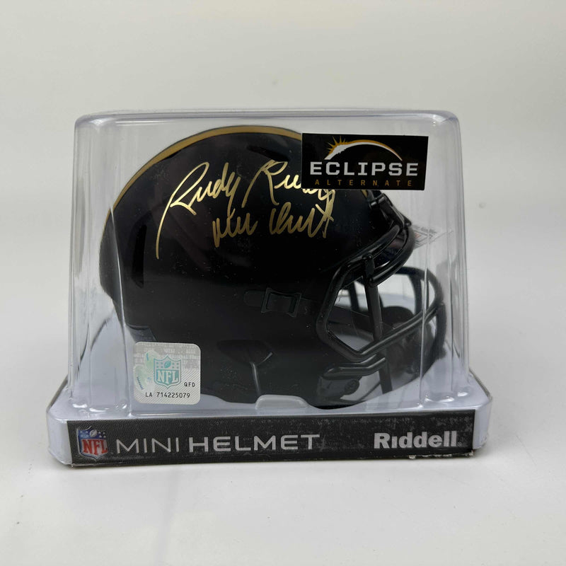 Autographed/Signed Rudy Ruettiger Never Quit Notre Dame Irish Black Eclipse Football Mini Helmet JSA COA