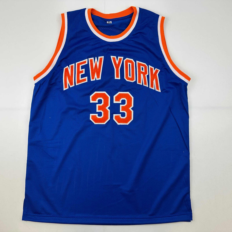 Autographed/Signed Patrick Ewing New York Blue Basketball Jersey Beckett BAS COA