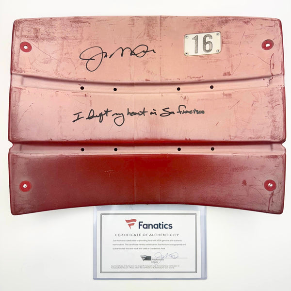 Autographed/Signed Joe Montana RARE Candlestick Park Seatback "I Left My Heart In San Francisco" Fanatics COA
