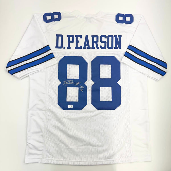 Autographed/Signed Drew Pearson HOF 21 Dallas White Football Jersey Beckett BAS COA