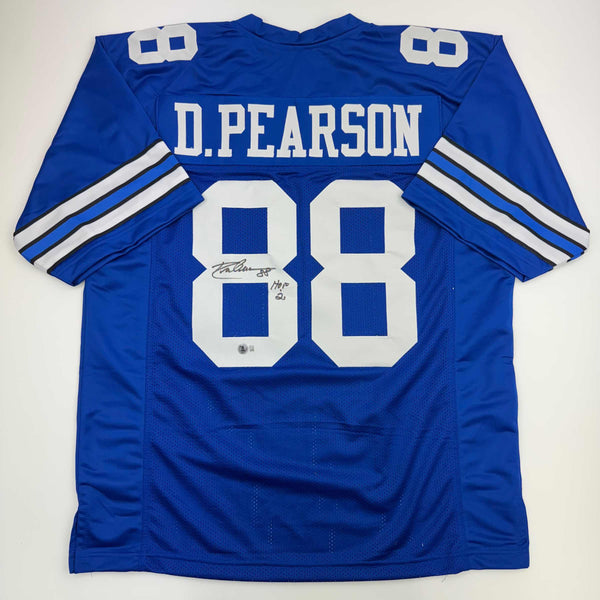 Autographed/Signed Drew Pearson HOF 21 Dallas Blue Football Jersey Beckett BAS COA
