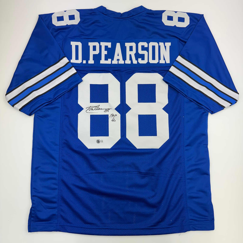 Autographed/Signed Drew Pearson HOF 21 Dallas Blue Football Jersey Beckett BAS COA