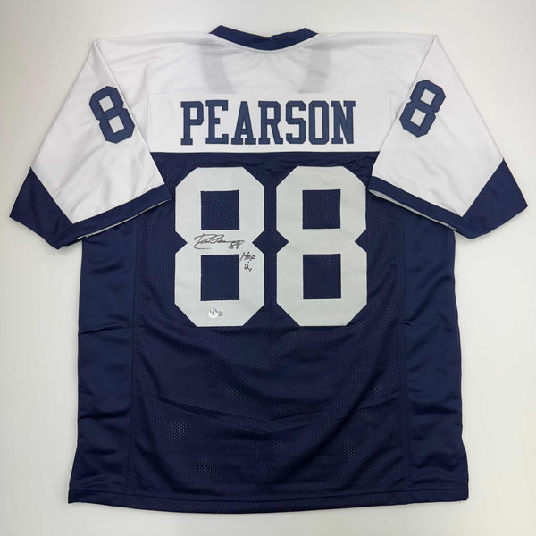 Autographed/Signed Drew Pearson HOF 21 Dallas Thanksgiving Football Jersey Beckett BAS COA