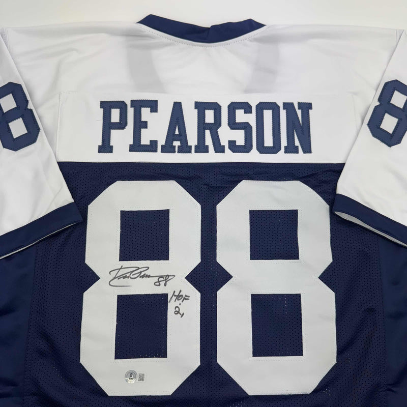 Autographed/Signed Drew Pearson HOF 21 Dallas Thanksgiving Football Jersey Beckett BAS COA
