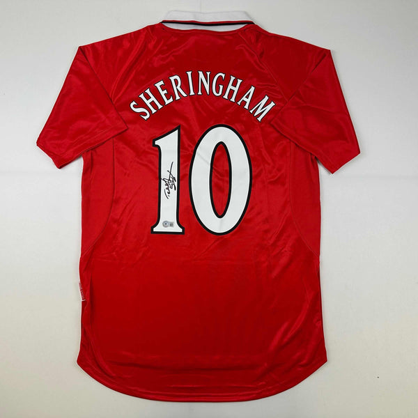 Autographed/Signed Teddy Sheringham Manchester United Red Soccer Jersey Beckett BAS COA