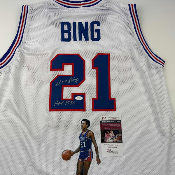 Autographed/Signed Dave Bing HOF 1990 Artwork Detroit White Basketball Jersey JSA COA