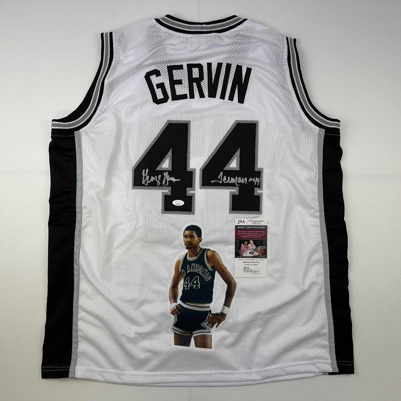 Autographed/Signed George Gervin Iceman Artwork San Antonio White Basketball Jersey JSA COA