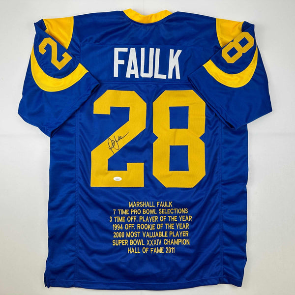 Autographed/Signed Marshall Faulk St. Louis Retro Blue Stat Football Jersey JSA COA