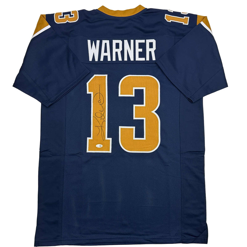Autographed/Signed Kurt Warner St. Louis Dark Blue Football Jersey JSA COA
